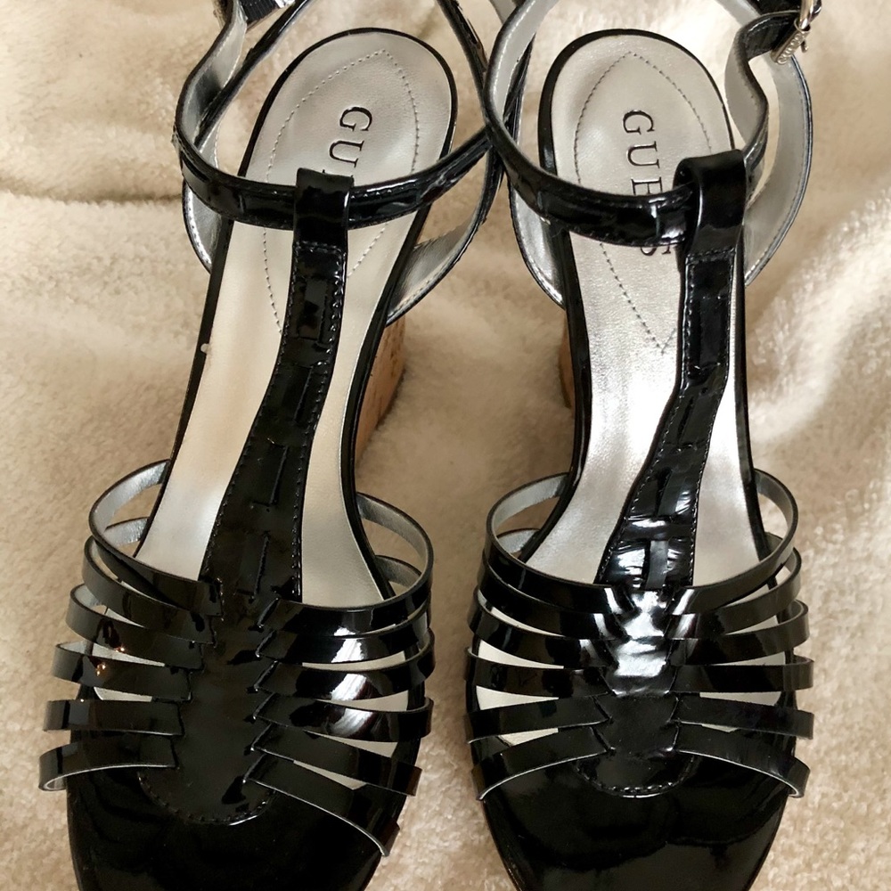 Wedges!  Guess Black patent, open toe,